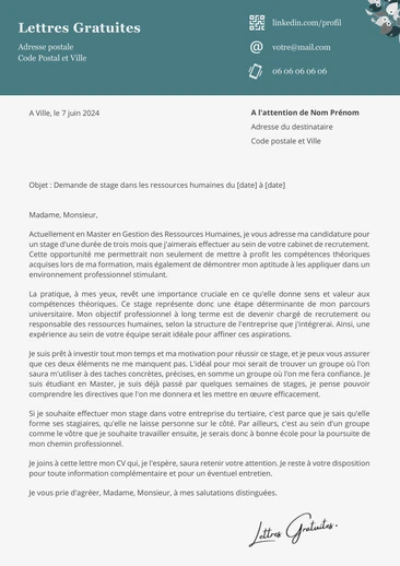 Une lettre de motivation d'une demande de stage RH