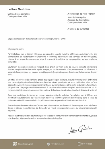 Une lettre de contestation contre un permis de construire délivré 