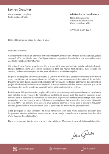 Une lettre de motivation d'une demande de stage à l'étranger