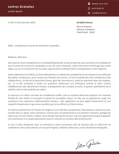 Une lettre de motivation d'un technicien comptable