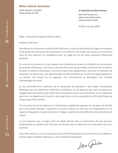 Une lettre de motivation d'une demande de stage électricien
