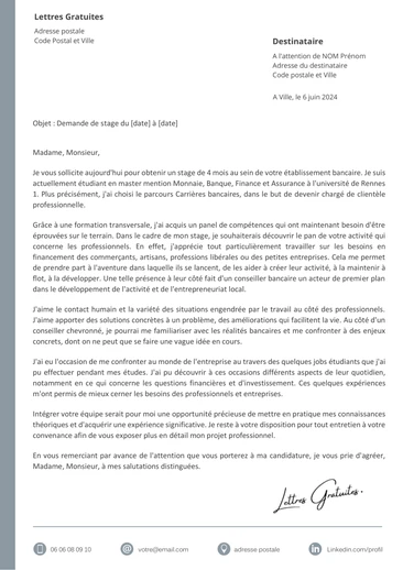 Une lettre de motivation d'une demande de stage en banque
