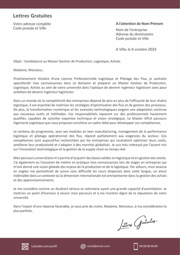 Une lettre de motivation pour un Master Gestion de Production Logistique Achats
