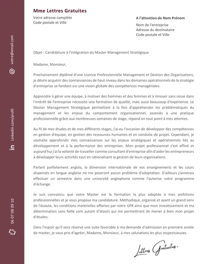 Une lettre de motivation pour un Master Management Stratégique