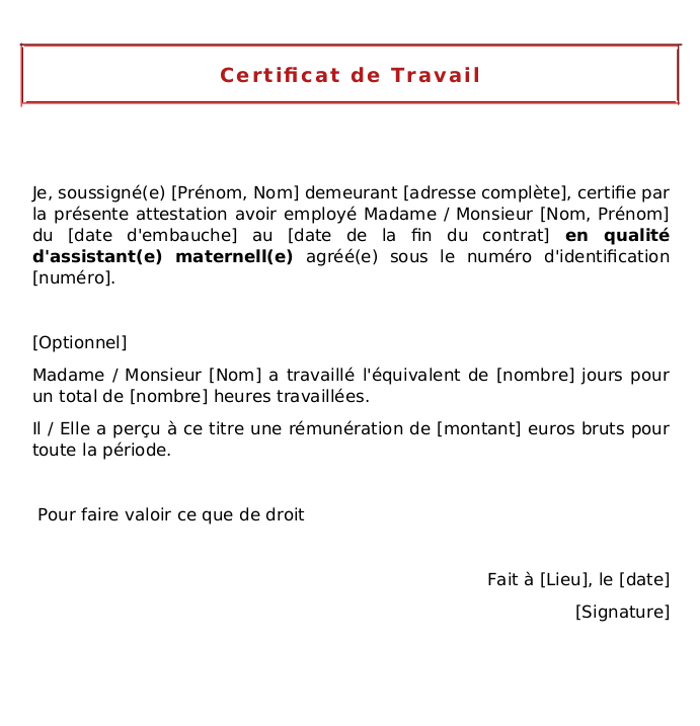 Certificat de Travail Assistante Maternelle