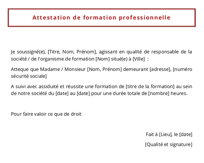 attestation de fin de formation au format Word