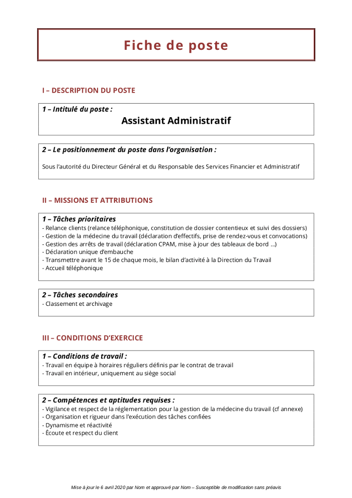 Fiche de poste assistant administratif