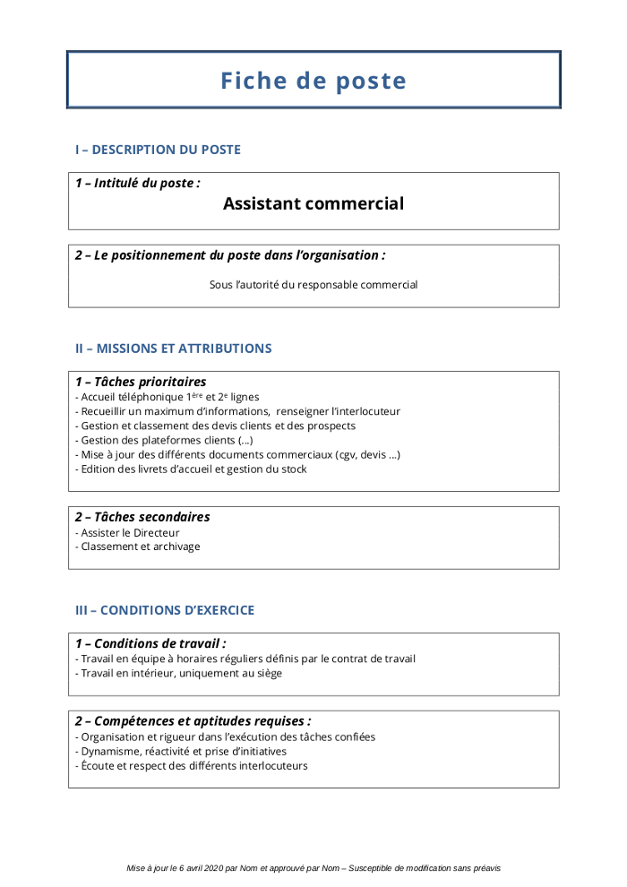 Modeles De Fiche De Poste A Telecharger
