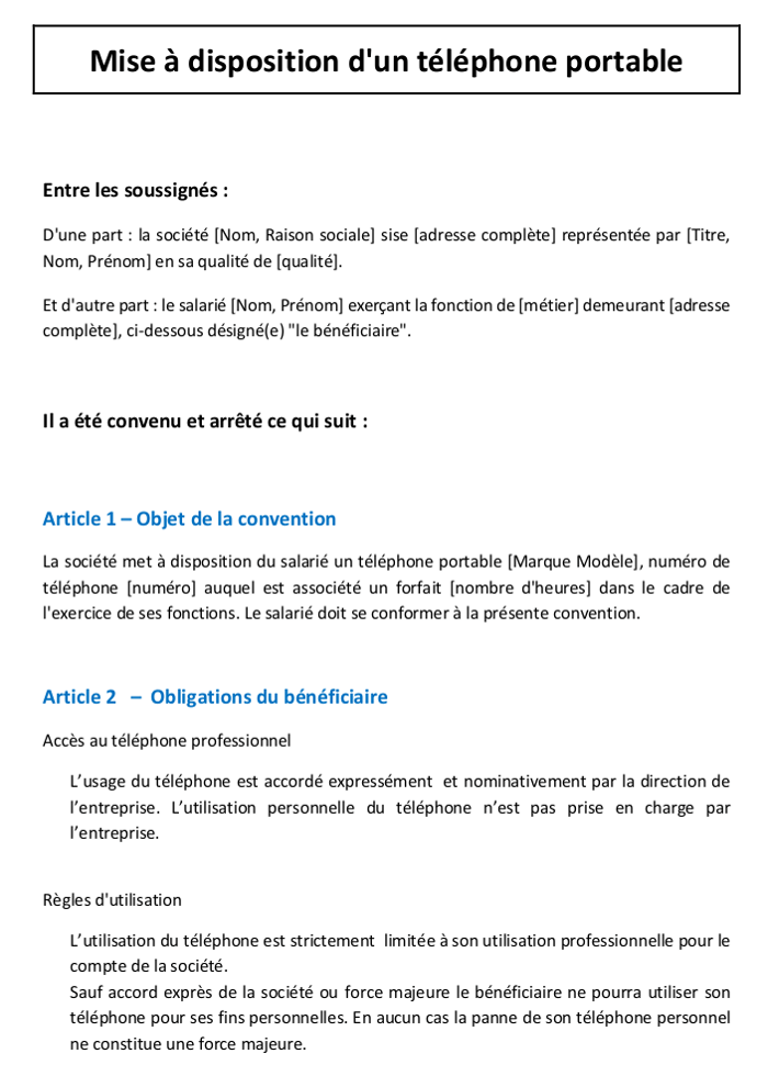 Convention de prêt téléphone