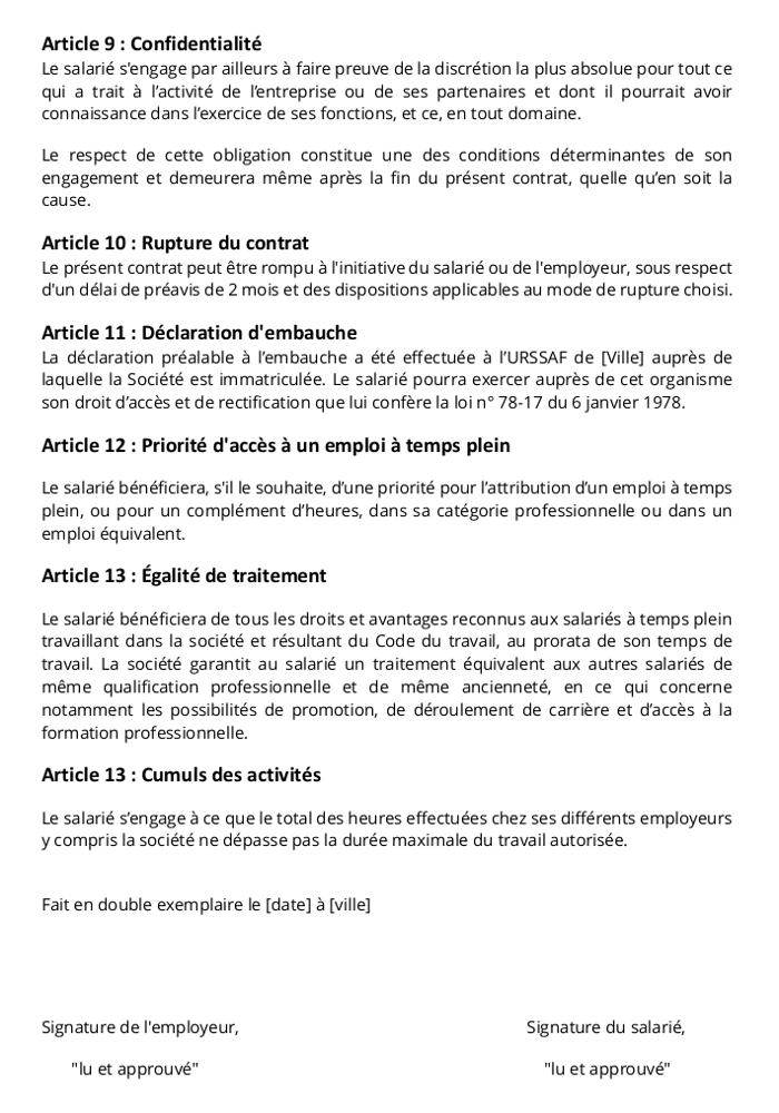 Contrat de travail en CDI à temps partiel