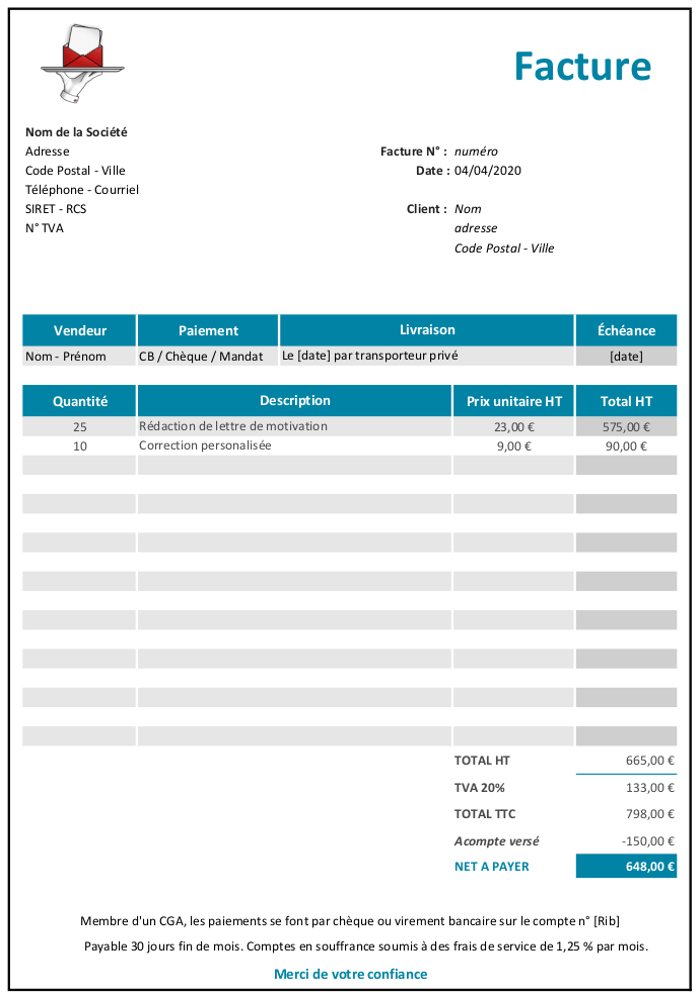 Facture Excel avec TVA