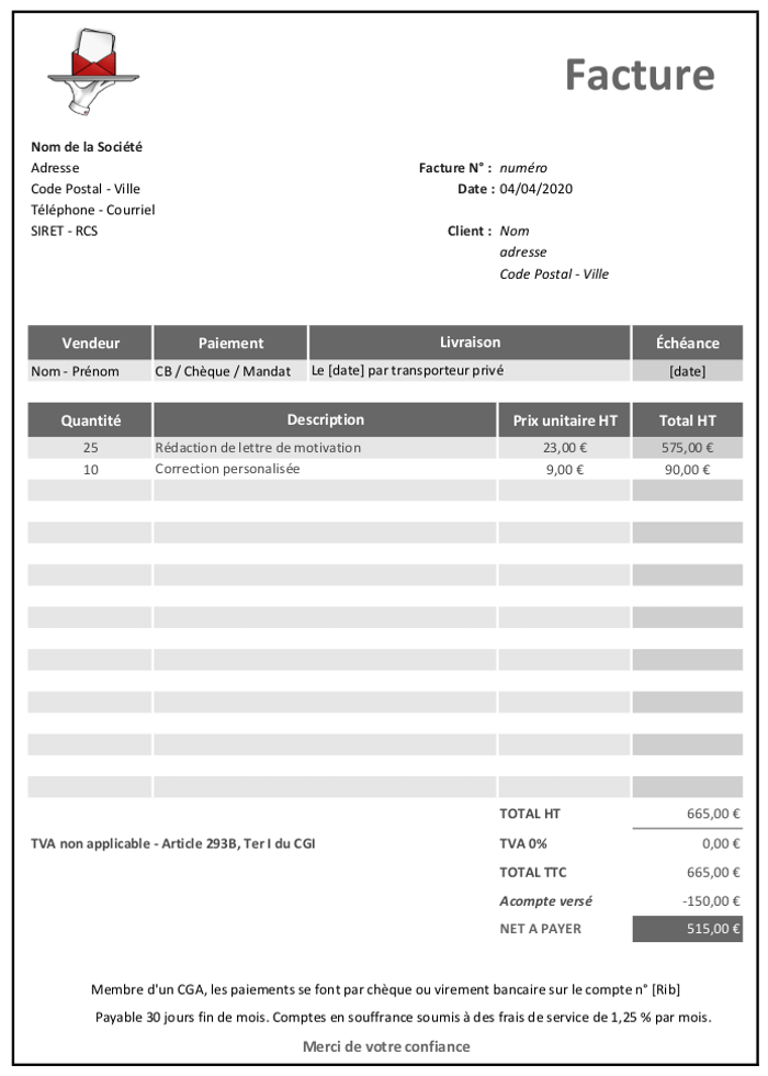 Facture Excel sans TVA