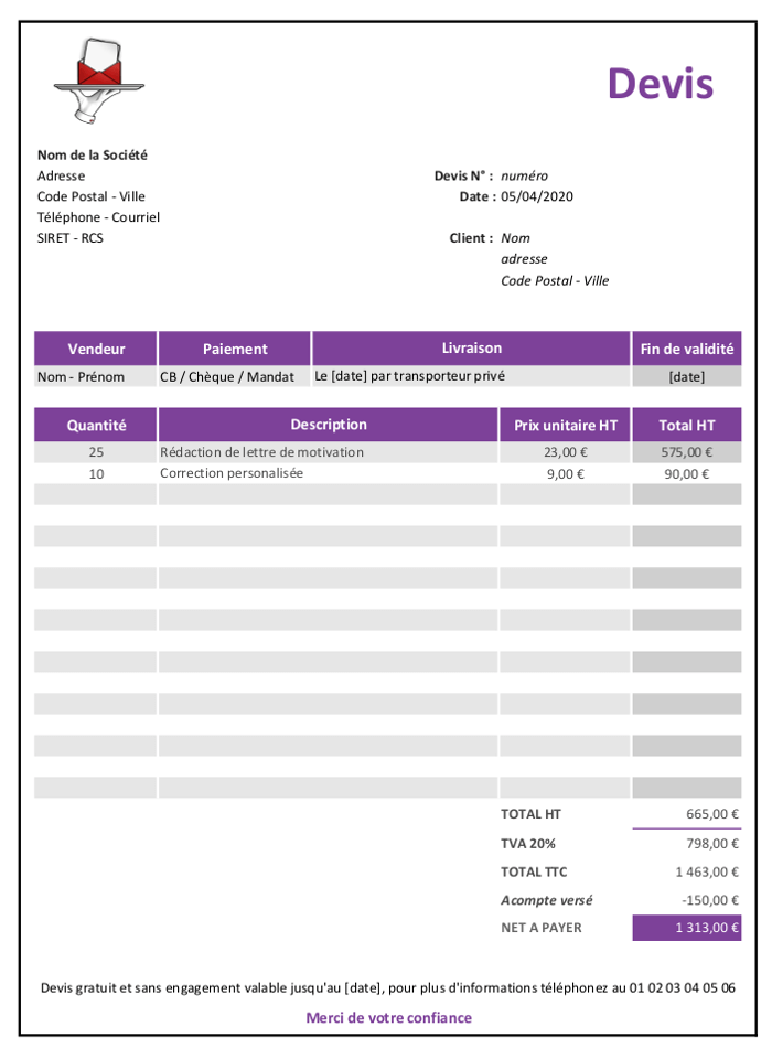 Exemple devis Excel