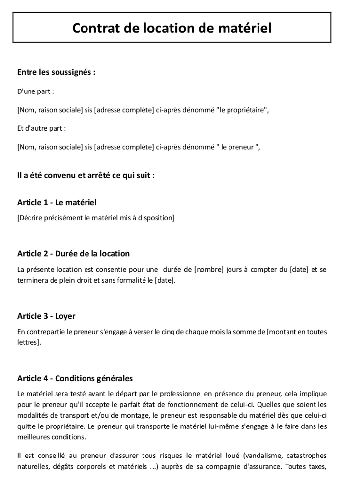 exemple de contrat de location de matériel
