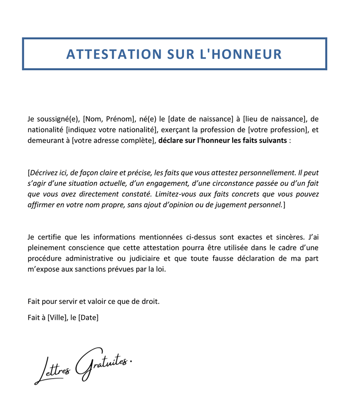 Attestation Sur L honneur Au Format Word Et PDF