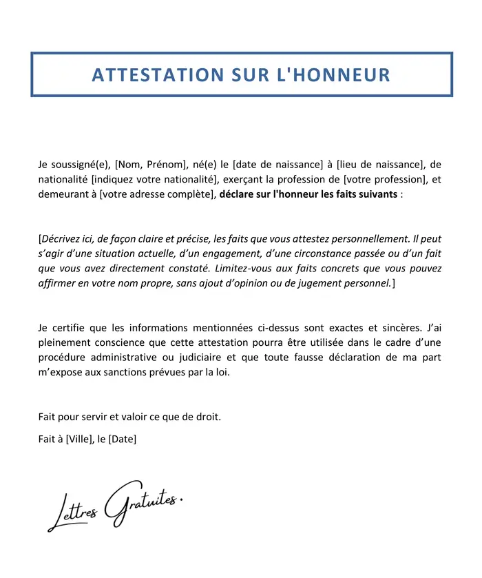 Modèle d'attestation sur l'honneur d'hébergement