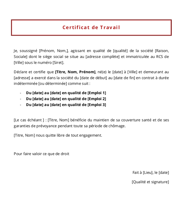 Certificat de Travail au format Word