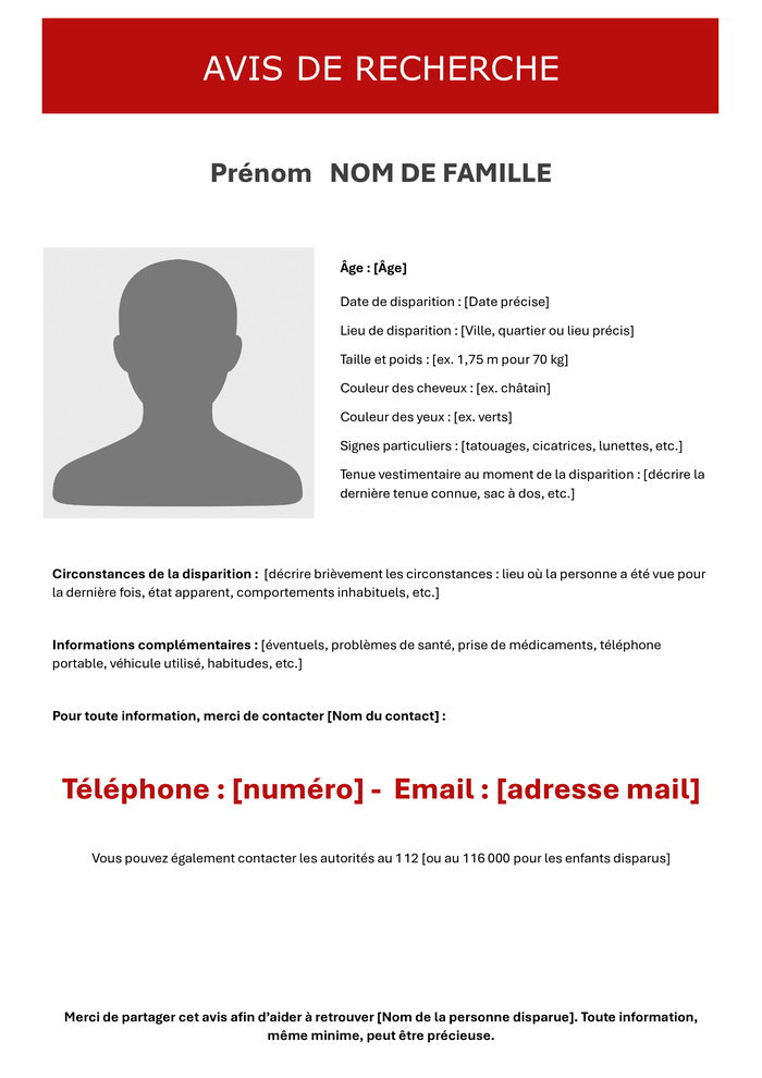 Avis de recherche d'une personne disparue au format Word - PDF