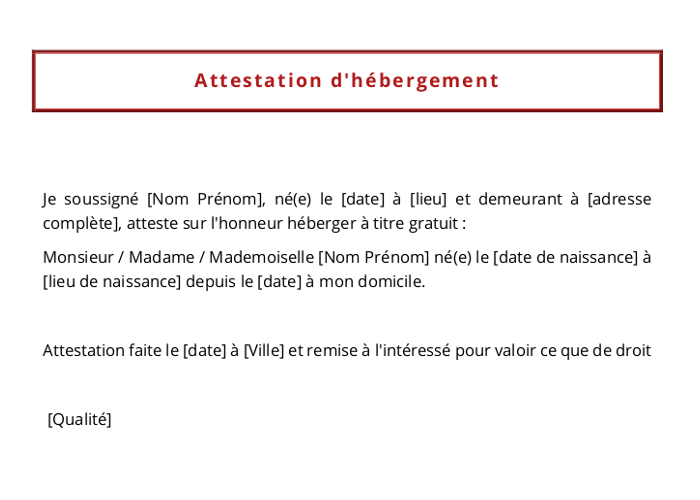 Attestation d'hébergement au format Word